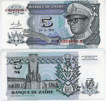 Заир 5 новых макут 1993 Мобуту Сесе Секо в военной форме, монумент независимости Pick 48a бумага UNC (пресс) 6289-13-3-2