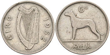 Ирландия 6 пенсов 1952 ирландский волкодав KM 11a медно-никель 4132-334