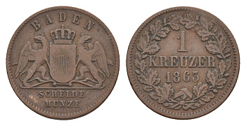 Баден 1 крейцер 1863 Фридрих I (1856-1907) KM 242, AKS 132, J. 81 медь 4659-117