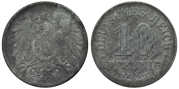 Германия 10 пфеннигов 1921 KM 26, J. 299, Weege 8 цинк 4119-345