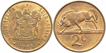 ЮАР 2 цента 1985 герб, антилопа гну KM 83 бронза UNC 110-544