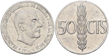 Испания 50 сентимо 1966 (71) Франсиско Франко (1939-1975) KM 795 алюминий 4388-357