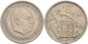 Испания 5 песет 1957 (71) Франсиско Франко (1939 - 1975) KM 786 медно-никель 4155-554