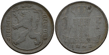 Бельгия 1 франк 1945 Belgie - Belgique KM 128 цинк 67-1056
