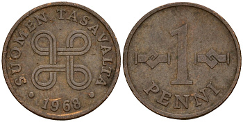 Финляндия 1 пенни 1968 KM 44 медь 4152-1059