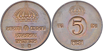 Швеция 5 эре 1969 U Густав VI Адольф (1950-1973) KM 822 бронза 4595-1026