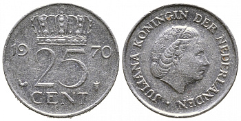 НИДЕРЛАНДЫ 25 ЦЕНТОВ 1970 ЮЛИАНА KM 183 никель 4390-436