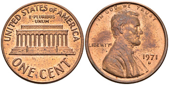 США 1 цент 1971 D, Линкольн KM 201 медь цинк 4115-913