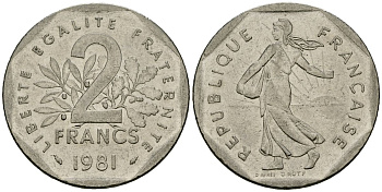 Франция 2 франка 1981 сеятель KM 942.1 никель 4120-423