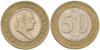 Турция 50 новых курушей 2005 KM 1168 биметалл 4610-1121