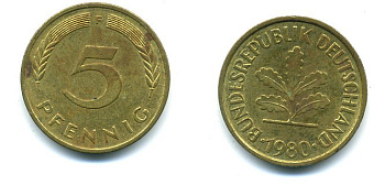 ФРГ 5 ПФЕННИГОВ 1980 F KM 107, J. 382 сталь плакированная латунью 54-1159