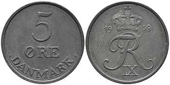 ДАНИЯ 5 ЭРЕ 1959 C; S, ФРЕДЕРИК IX (1947-1972) KM 843.2 цинк UNC 67-156