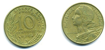 ФРАНЦИЯ 10 САНТИМОВ 1976 ТИП MARIANNE KM 929, LE FRANC 144.16 алюминиевая бронза 3999-656
