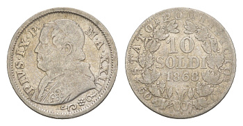 Папская Область 10 сольдо 1868 R, Пий IX (1846-1878) KM 1386 серебро 1520-813