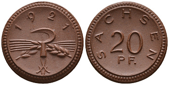 Саксония 20 пфеннигов 1921 колосья и серп J. N 53 фарфор UNC 1094-9-42