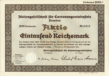Германия 1000 рейхсмарок 1941 АО картонной промышленности, Дрезден, акция   бумага   8804-93-1
