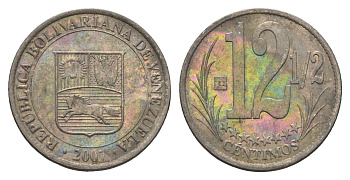 Венесуэла 12 1/2 сентимо 2007 Y 90 сталь плакированная никелем 4662-816