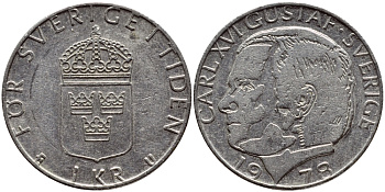 Швеция 1 крона 1978 Карл XVI Густав (1973- ) KM 852 медь плакированная медно-никелем 4397-852