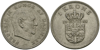 Дания 1 крона 1962 C; S, Фредерик IX (1947-1972) KM 851 медно-никель 4138-817