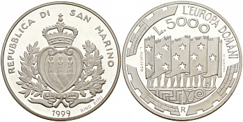 Сан-Марино 5000 лир 1999 Европа завтрашнего дня KM 410 серебро PROOF 02-069-31