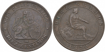Испания 10 сентимо 1870 ОМ, лев со щитом KM 663 (Y54) медь 69-1014