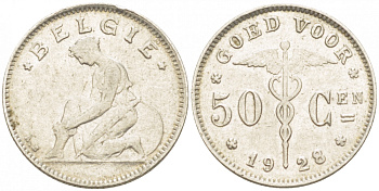 БЕЛЬГИЯ 50 САНТИМОВ 1928 BELGIE KM 88 никель 261-1167