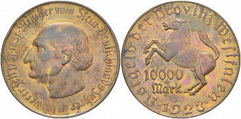 Германия, Вестфалия 10000 марок 1923 Штейн, лошадь, 44,0 мм J. N 20 b медь цинк 650-1035