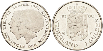 Нидерланды 1 гульден 1980 на коронацию Беатрикс, 30 апреля 1980 KM 200 никель UNC 4116-111