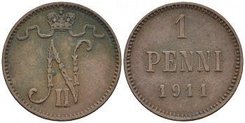 Россия для Финляндии 1 пенни 1911 Николай II (1894-1917) KM 13, Биткин 471 медь 4396-1343