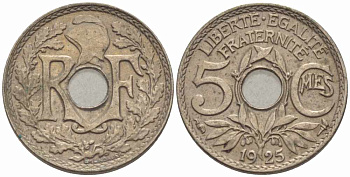 ФРАНЦИЯ 5 САНТИМОВ 1925 ТИП ЛИНДАЙЁ KM 875, LE FRANC 122.10 медно-никель 105-354