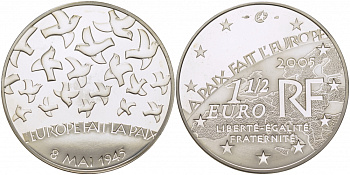 Франция 1 1/2 евро 2005 60 лет мира в Европе, голуби мира КМ 1441 серебро PROOF 1077-8-44