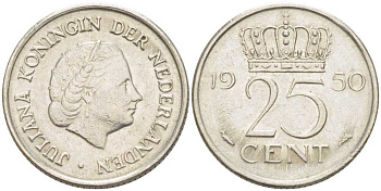 НИДЕРЛАНДЫ 25 ЦЕНТОВ 1950 ЮЛИАНА (1948-1980) KM 183 никель 214-912