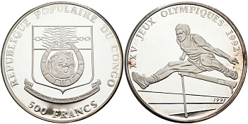 Конго 500 франков 1991 XXV олимпийские игры 1992 года в Барселоне, бег с барьерами, тираж 10000 экз. KM 9а серебро PROOF 00-00