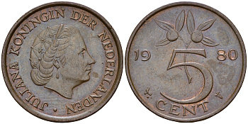 Нидерланды 5 центов 1980 Юлиана (1948-1980) KM 181 бронза    4601-1042