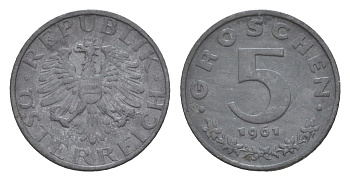 Австрия 5 грошей 1961 KM 2875 цинк aUNC 4567-329