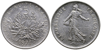 Франция 5 франков 1971 сеятель KM 926a.1, Le Franc 341.3 медно-никель плакированный никелем 4680-116