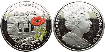 Остров Вознесения 1 крона 2014 в память героев первой мировой войны, кладбище, красный мак KM NEW медно-никель, эмаль PROOF 1071-5-11