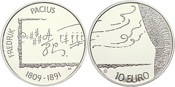 Финляндия 10 евро 2009 Фредрик Пациус, композитор KM 148 серебро  PROOF 11-077-41
