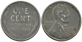 США 1 цент 1943 Авраам Линкольн KM 132 a сталь покрытая цинком 214-429