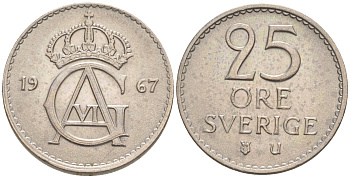 Швеция 25 эре 1967 Густав VI Адольф (1950-1973) KM 836 медно-никель UNC 187-837