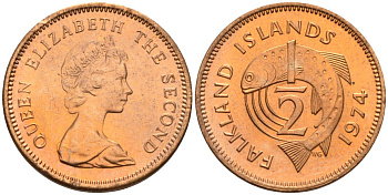 Фолклендские острова 1/2 пенни 1974 Елизавета II (1952-2022), лосось KM 1 бронза 4154-124