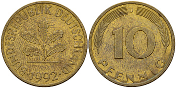 ФРГ 10 пфеннигов 1992 J J. 383, KM 108 сталь плакированная латунью    4603-644