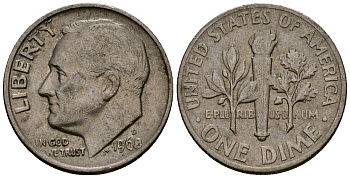 США 10 центов (дайм) 1968 Рузвельт KM 195a медь плакированная медно-никелем 4164-944