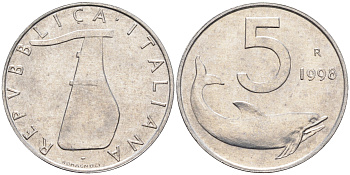 Италия 5 лир 1998 R, дельфин KM 92 алюминий  UNC  4594-934