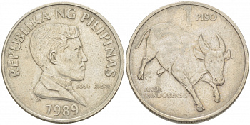 ФИЛИППИНЫ 1 ПИСО 1989 БЫК KM 243.1 медно-никель 4403-944