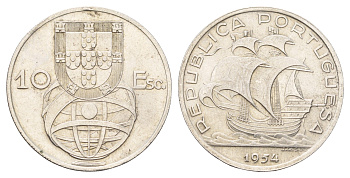 Португалия 10 эскудо 1954 KM 586 серебро aUNC 1518-615