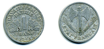 ФРАНЦИЯ 1 ФРАНК 1944 B, ТИП LEGERE, ПРАВИТЕЛЬСТВО ВИШИ KM 902.2, LE FRANC 223.6 алюминий 29-822