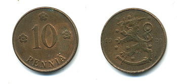 Финляндия 10 пенни 1920 республика (1918-1962) KM 24 медь 36-534