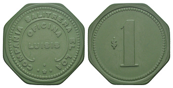 Чили, Луизис (Luisis), Антофагаста шахтерский жетон с Селитряного рудника для покупки в местных магазинах, номиналом в 1 песо около 1905 размер 42x42 мм, вес 5,51 гр Espinosa 189.6 эбонит (зеленый) 1078-1-54