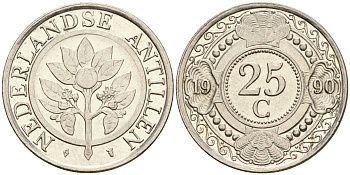Нидерландские Антилы 25 центов 1990 Беатрикс (1980-2013) KM 35 сталь плакированная никелем 4364-1813